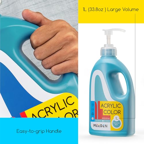 MEEDEN Turquoise Blue Acrylic Paint: 1 L /33.8 oz Satin Liquid Paint with Pump Lid - Soft Body Art Paints for Canvas, Studio, School, Wall & Poured Paintings - color: Turquoise Blue