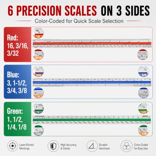 12 Inch Architectural Scale Ruler – Aluminum Architect Scale, Color-Coded for Drafting, Blueprint Reading & Drawing – Ideal for Engineers, Draftsmen & Students,1 Pack