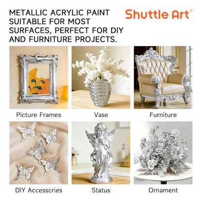 Shuttle Art Metallic Sliver Acrylic Paint, 8.45 oz (250 ml) Silver Leaf Paint With Brush, Non Toxic, Non Fading Silver Paint for Crafts, Metal, Wood, Clay, Ceramic, Canvas, Furniture - color: Silver, size: 8.45 Fl Oz (Pack of 1)