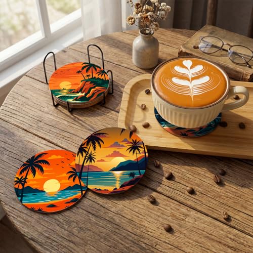 Reallnaive 8 Pcs Beach Paint by Numbers Kit for Adults Coastal Coasters | Mini Paint by Numbers, Tiny Palm Trees Sunset Round Oil Painting Drink Coaster with Holder, for Small DIY Craft Birthday Gift - style: Beach