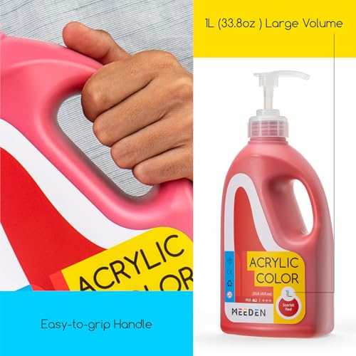 MEEDEN Scarlet Red Acrylic Paint: 1 L /33.8 oz Satin Liquid Paint with Pump Lid - Soft Body Art Paints for Canvas, Studio, School, Wall & Poured Paintings - color: Scarlet Red