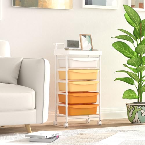 5 Drawers Plastic Rolling Storage Cart with Wheels, Teacher Supply - color: Orange