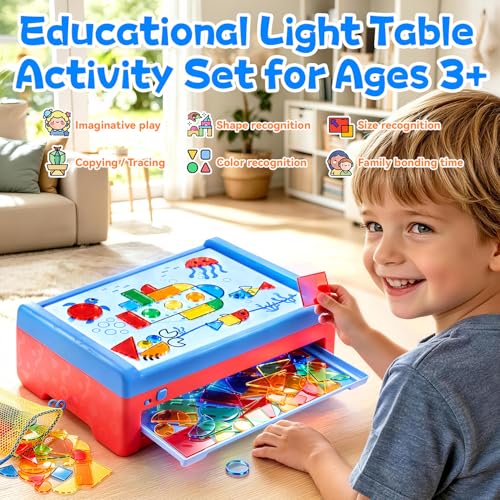 PLAY Light Box for Kids, LED Light Table with 6 Translucent Puzzle Films and 50 Shapes, Adjustable Colors and Brightness, Sensory Toy for Painting, Sketching, Drawing and Early Development