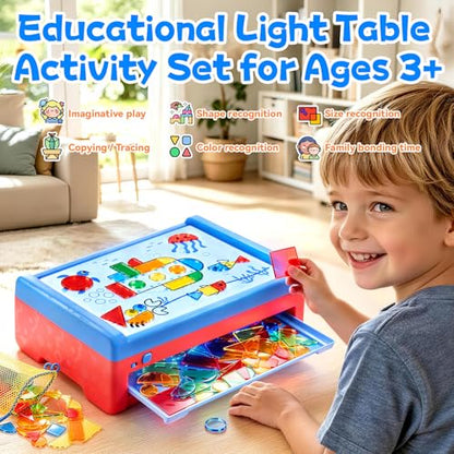 PLAY Light Box for Kids, LED Light Table with 6 Translucent Puzzle Films and 50 Shapes, Adjustable Colors and Brightness, Sensory Toy for Painting, Sketching, Drawing and Early Development