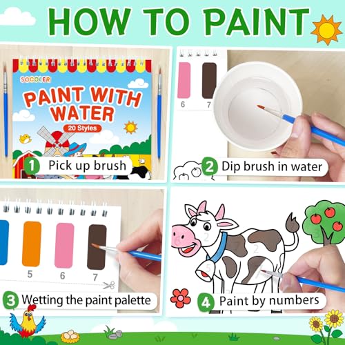 SOCOLER Paint with Water Coloring Books for Kids & Toddlers, Farm | Mess Free Watercolor Painting Set, Water Color Painting Book,Craft Art Kit, Boys & Girls Birthday Gift, Travel Activity Toy - style: Farm