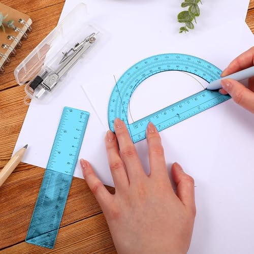 Zonon 3 Pcs 6" Clear Plastic Ruler 6 Inch Protractor Compass Set, Blue - color: Blue, size: 6 Inch