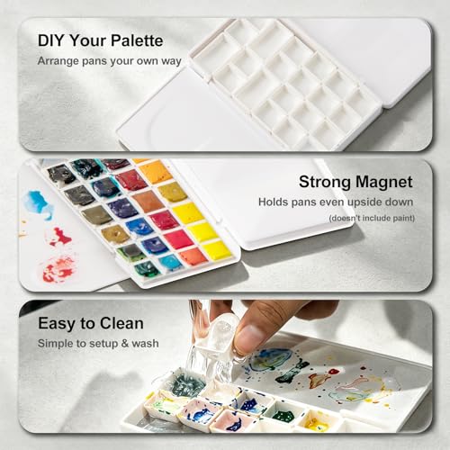 SEAMIART Travel Watercolor Palette Box with 24 Magnetic Half Pans & Lid - color: White, size: 4.9" x 2.9" x 1"