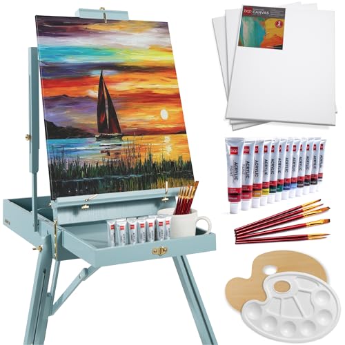 Best Choice Products Art Easel for Painting, Portable Wooden Adjustable Artist Tripod with Sketch Box, 32-Piece Art Set with Acrylic Paints, Brushes, Canvases & Palette - Blue - style: Blue
