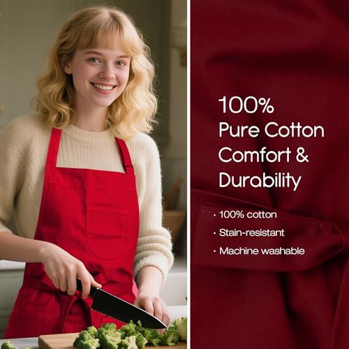 Unisex Apron with Pockets for Cooking, Salon & Art - 100% Cotton Adult Kitchen, Chef, Stylist Apron (Red) - color: Red