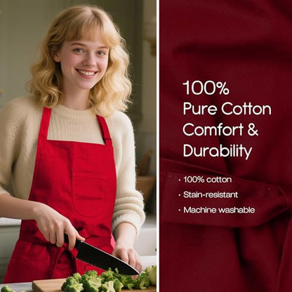 Unisex Apron with Pockets for Cooking, Salon & Art - 100% Cotton Adult Kitchen, Chef, Stylist Apron (Red) - color: Red