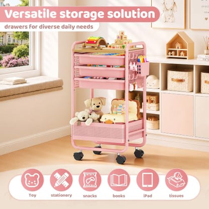KINGRACK 3 Tier Rolling Cart with Drawer, Metal Utility Storage Cart, Pink | 3 Drawers, Pegboard & Wood Tabletop, Lockable Wheels, 4 Hooks & 1 Bin, for Living Room,Bedroom,Craft Room,Office,Kids Room - color: Pink