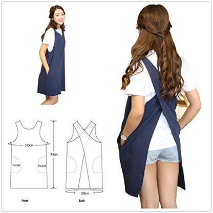Cotton Linen Japanese Apron Halter Cross Back Bandage X Shape Aprons Two Pockets - color: Navy Blue