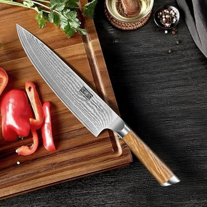 HOSHANHO Damascus Kitchen Knife Set 5PCS, Sharp Chef Knives Ergonomic Grip | Professional Cooking Knife Set | Japanese Super Steel | 15° Edge | 62 HRC | Ergonomic Olive Wood Handle | Housewarming Gift - style: 5 Pieces Knife Set