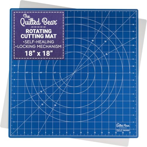 The Quilted Bear 18" x 18" Rotating Self-Healing Cutting Mat, Blue | Square Mat, 360° Rotation, Locking Mechanism, 5-Layer Surface, Non-Slip Base, Clear Inch Grid & Angle Guides for Quilting - color: Blue, size: 18"L x 18"W