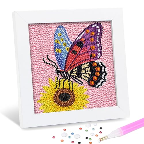 Leixonl Diamond Art Kits for Kids with Framed (7 in) Cartoon Animals DIY Gem Art Painting - Arts & Crafts Gifts for Beginners & Teens (1p-6-in-butterfly) - color: Butterfly