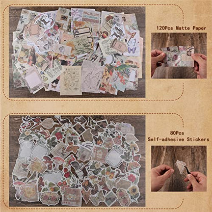 200Pcs Vintage Scrapbook Stickers, Aesthetic Junk Journal Stamping Supplies Kit, Scrapbooking Ephemera Washi Paper for Bullet Journaling Planners Diary Collage - style: Nature