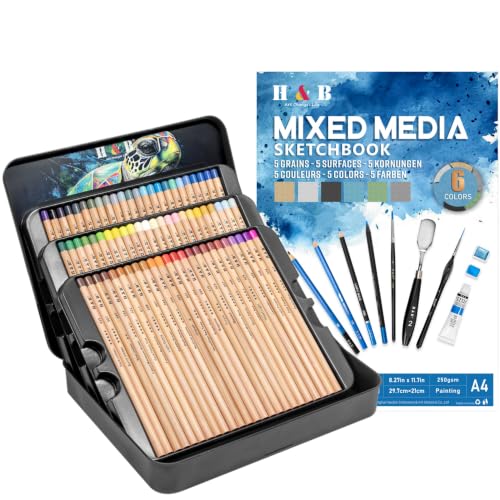 H & B 72-Color Pastel Pencils & 6-Color Toned Mixed Media Sketchbook Bundle, 73PCS Art Set for Adults & Artists, Portable Drawing Kit with Soft Chalk Pastel Pencils & Thick 250GSM Drawing Paper