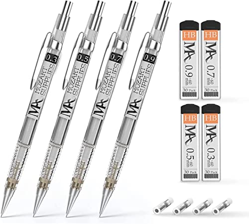 MozArt Mechanical Pencil Set 4 Sizes 0.3 0.5 0.7 0.9mm HB Lead Clear | 30 HB Lead & Eraser Refills – Sketch, Drafting, Art & Drawing for Artists, Students & Architects – Clear Transparent Body - color: Clear