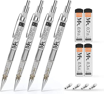 MozArt Mechanical Pencil Set 4 Sizes 0.3 0.5 0.7 0.9mm HB Lead Clear | 30 HB Lead & Eraser Refills – Sketch, Drafting, Art & Drawing for Artists, Students & Architects – Clear Transparent Body - color: Clear