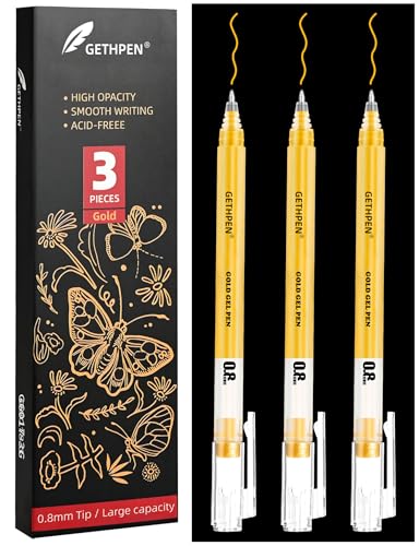 GETHPEN 3-Pack Gold Gel Pens, 0.8mm Fine Opaque Archival Ink Pens | Metallic Ink Pens for Black Paper Drawing, Sketching, Illustration, Bullet Journaling, Card Making - size: 1 Count (Pack of 3), style: 3 Pack Gold