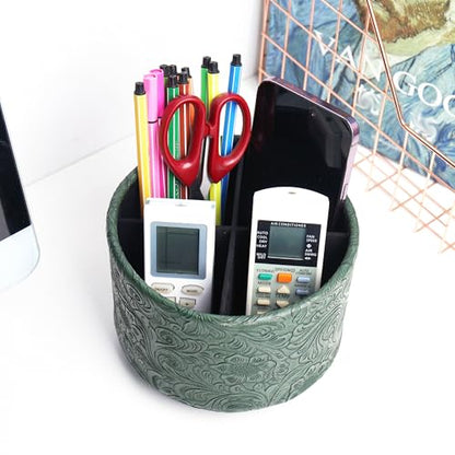Round Leather Art Supply Organizer,Remote Control Holder,360 Degree Spinning,Multi-Functional Pencil Holder,4 Compartments Desktop Stationary Organizer(1-Carved Cooper Green) - color: 1-Carved Cooper Green