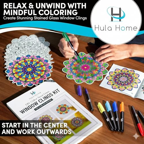 Hula Home Stained Glass Mandala Art Kit - DIY Window Clings with Markers, 10 Suncatchers - Perfect Hobby for Adults, Kids, Teens & Seniors - Ideal Gift for Beginners, Women & Elderly - size: Stained Glass Style - New Markers