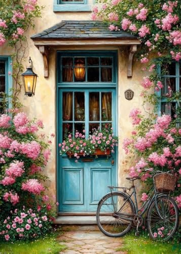 GEWOUVIN The Cottage Door in Bloom Diamond Art Kits for Adults,Flowers Diamond Painting Kits for Adults Beginners,DIY Full 5D Round Drill Gem Art Kits for Gift Home Wall Decor【11.8x15.7inch】 - color: JW-109