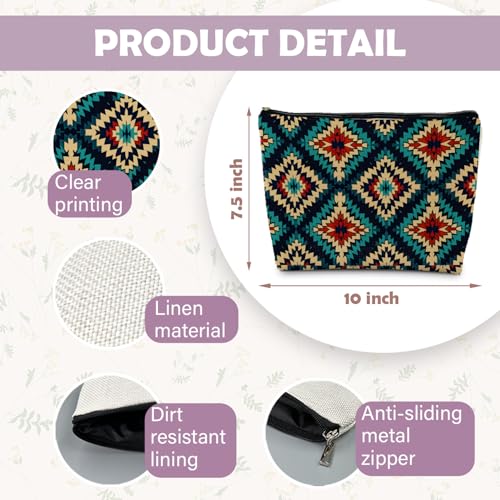 Boho Aztec Makeup Bag, Ethnic Southwestern Navajo Tribal Cosmetic Bag for Women, Western Gifts and Accessories - color: Boho Aztec