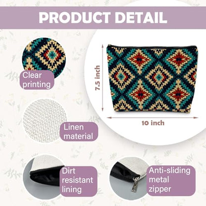 Boho Aztec Makeup Bag, Ethnic Southwestern Navajo Tribal Cosmetic Bag for Women, Western Gifts and Accessories - color: Boho Aztec