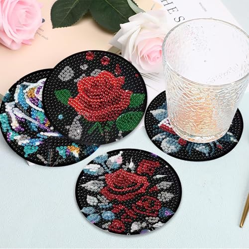 Mrnsiet 8PCS Diamond Art Coasters with Holder, DIY Flowers Diamond Painting Coasters Kits for Adults, Non Slip Rose Florwers Mosaic Dot Painting Coaster Gift Set for Beginners 4x4 Inch - color: BDWY310-US