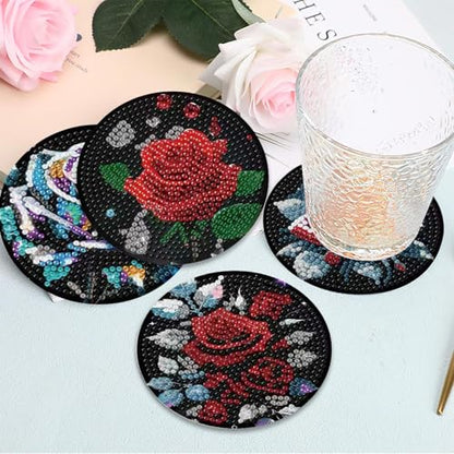 Mrnsiet 8PCS Diamond Art Coasters with Holder, DIY Flowers Diamond Painting Coasters Kits for Adults, Non Slip Rose Florwers Mosaic Dot Painting Coaster Gift Set for Beginners 4x4 Inch - color: BDWY310-US