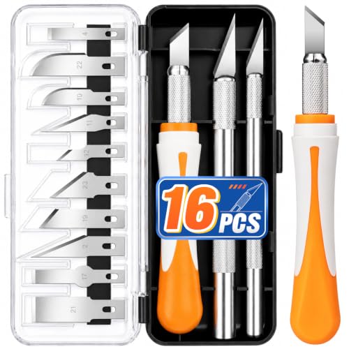 16PCS Exacto Knife Set, Craft Knife Kit, Hobby Knives for Crafting | 3 handles & 13 high carbon steel blades, exacto knives for precision cutting, carving, modeling, scrapbooking and DIY crafts