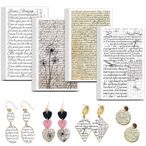 OLYCRAFT 24Pcs 4 Styles Handwritten French Clay Transfer Paper for Polymer | Handwritten Poetry Polymer Clay Transfer Sheets, Vintage Theme Small Transfer Paper Decal for Clay Earrings Jewelry Making - style: Handwritten French