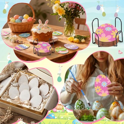 Reallnaive 8 Pcs Easter Eggs Paint by Numbers Kit for Adults Wooden Coaster | Mini Paint by Numbers, Tiny Cute Round Oil Painting Drink Coaster with Holder, for Small DIY Craft Birthday Gift - style: Easter Egg