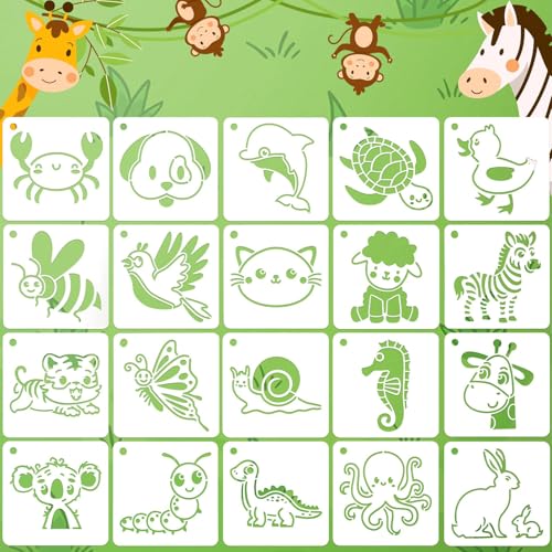 JULMELON 20Pcs Animal Stencils for Painting on Wood, Cute DIY Art Drawing | Reusable Style Stencil, for Kids Crafts DIY Art Projects, Cute Animal Drawing Painting, 3x3 Inch - style: Animal Stencils