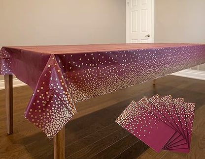 Neatiffy 54 x 108 Inch Rectangle Plastic Table Cloth Picnic/Camping/Birthday Party/Banquet Table Cover. Disposable/Reusable Tablecloths - Burgundy with Golden Dot - color: Burgundy With Gold Dot