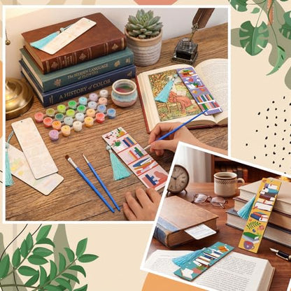 Kosiz 12 Pcs Book Paint by Number Kit for Adult Wood Bookmark | Mini Paint by Numbers Kit, Painting Decor, Back to School Tassels Blank Bookmark, for Small DIY Craft Book Lovers Gift 7x2 '' - style: Book