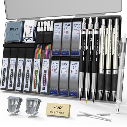 WUO 36PCS Art Mechanical Pencil Set with Storage Case, Metal Drawing Pencil - color: Black+Silver1 - 3 Sizes + 2.0mm
