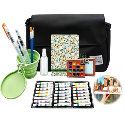 24-Color Mini Travel Watercolor Set, Black | Pocket Watercolor Set, With Sketches - color: black