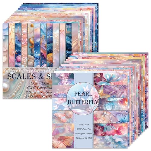 6x6" Scrapbooking Paper Pad Single Sided Decorative Colored Papers | 160GSM 24 Patterned 48 Sheets Cardstock,Art Paper for Craft Paper Present Wrapping DIY Junk Journal Supplies.PearlBu ScalesSh - color: 2PcsSet-Pearl Butterfly Scales Shells