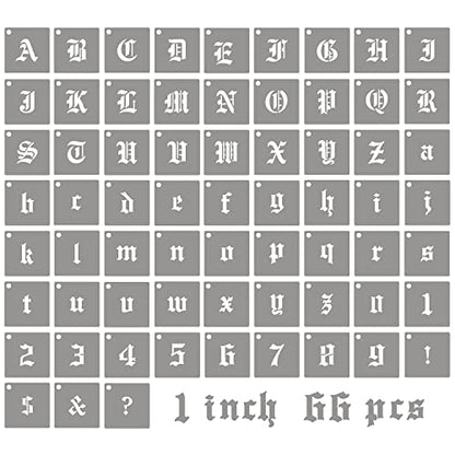 1 Inch Calligraphy Letter Stencils for Painting, 66 PCS Old English Lettering Stencils Reusable Alphabet Stencil Plastic Letters Numbers Templates for Painting on Wood Wall Fabric Art Crafts - size: 1 inch