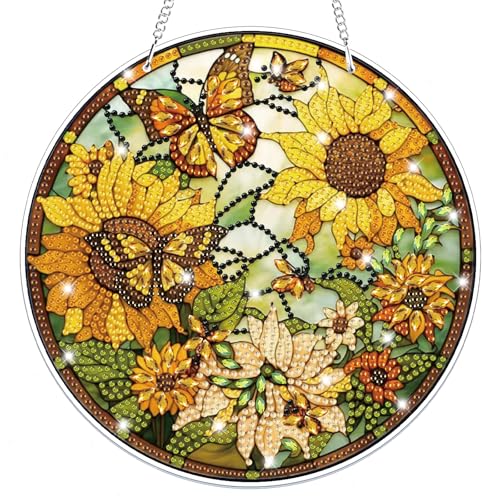 Bowetile Sunflower Diamond Art Hanging Kits for Adults, 5D Special Shape Diamond Painting Butterfly Pendant Kits, Animal Gem Art Suncatchers Painting Ornament for Home Garden Wall Decor - color: Round - Sunflower