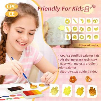 iLAND Air Dry Clay Bakery Crafts Kits for Kids Girls 8-12, Birthday Gifts | CPC-Safe 40+ pcs for DIY Bread & Shop Role-Play, Builds Motor & Social Skills, Starter Guide, Gift Box & Ribbons, 1:12 Scale - style: Royal Clay Bakery w/ Light String