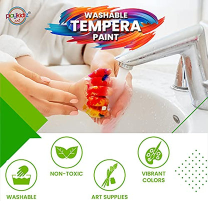 Washable Tempera Paints Set of 18 for children, Kids Non-Toxic Acrylic Paint, Kid Friendly, Kid Safe Paint Set, Includes Variety of Brushes, Color, Craft, Create and Party.