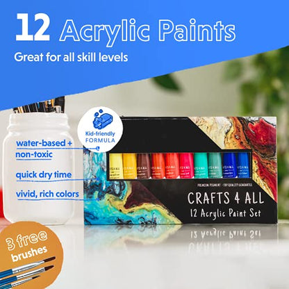Crafts 4 All Acrylic Paint Set - Art Paints for Canvas, Model Painting, Wood, Ceramics and Fabric - Craft Supplies with 3 Artist Brushes for Adults & Kids﻿, 12 Pack, 12mL - size: 0.4 Fl Oz (Pack of 12)