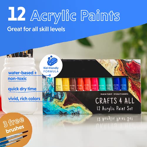 Crafts 4 All Acrylic Paint Set - Art Paints for Canvas, Model Painting, Wood, Ceramics and Fabric - Craft Supplies with 3 Artist Brushes for Adults & Kids﻿, 12 Pack, 12mL - size: 0.4 Fl Oz (Pack of 12)