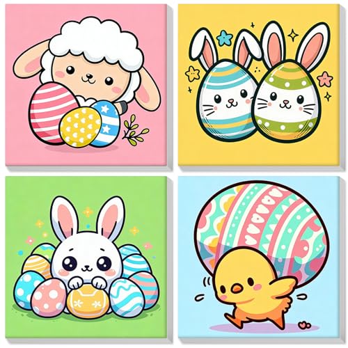 Bowetile 4 Pack Framed Paint by Numbers Easter for Kids,Bunny Paint by Numbers for Kids Ages 8-12 on Canvas, Easy Acrylic Rabbit Number Painting Easter Gifts for Home Wall Decor, 8x8in - color: cartoon-easter
