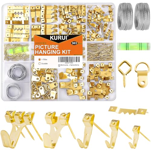 303Pcs Picture Hanging Kit, Picture Hangers Assorted Kit with Heavy Duty Picture Hanging Hooks/Hardware Nails/Sawtooth/Wire/D Rings/Level, Metal Picture Wall Hooks for Frame Canvas Mounting - size: Gold