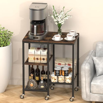 OGEMXU Rolling Kitchen Microwave Cart,4 Tier Microwave Stand,Brown | Utility Cart on Lockable Wheels,Open Storage for Spices, Pots，Small Side Table,Coffee Cart for Living Room Office, Balcony - color: Rustic Brown