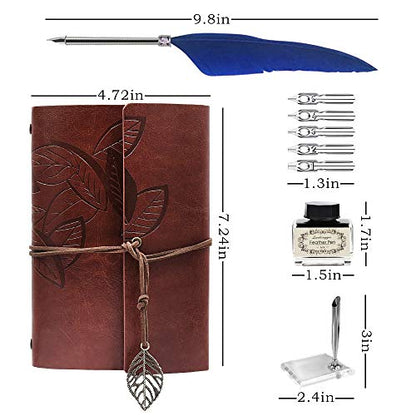 GCCL Quill Pen and Ink Set, Antique Feather Dip Calligraphy Pen Set, including Feather Pen, 5 Replacement Nibs, Pen Nib Base, Notebook, Ink, Gift Box, Best Gifts for Him Men Dad (Blue) - color: Blue